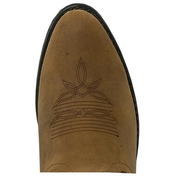 round narrow toe on brown vamp
