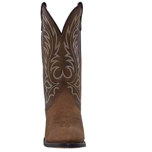 front of cowgirl boot with light brown vamp and dark brown shaft with light brown embroidery