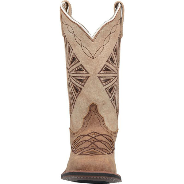 front of light brown cowgirl boot with western style designs and cow print lining inside. darker brown vamp