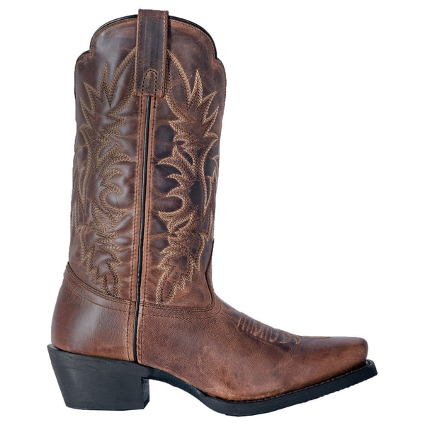 side of brown cowgirl boot with light brown embroidery and distressed leather