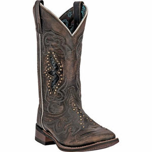 dark brown cowgirl boot with gold studs and alligator skin inlay