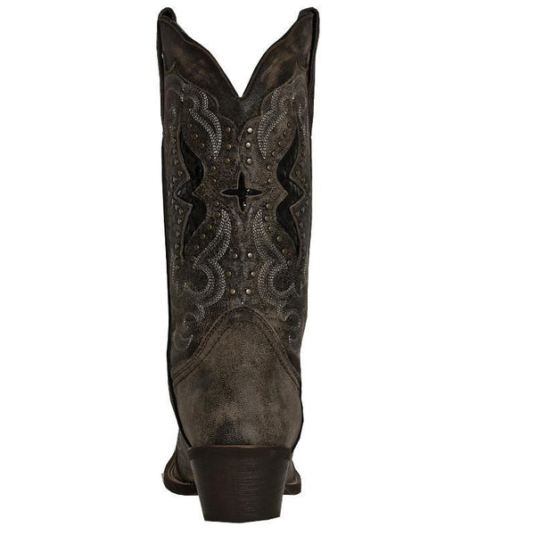 back of very dark brown cowgirl boot with pink inside, white embroidery on shaft and vamp, alligator skin inlays