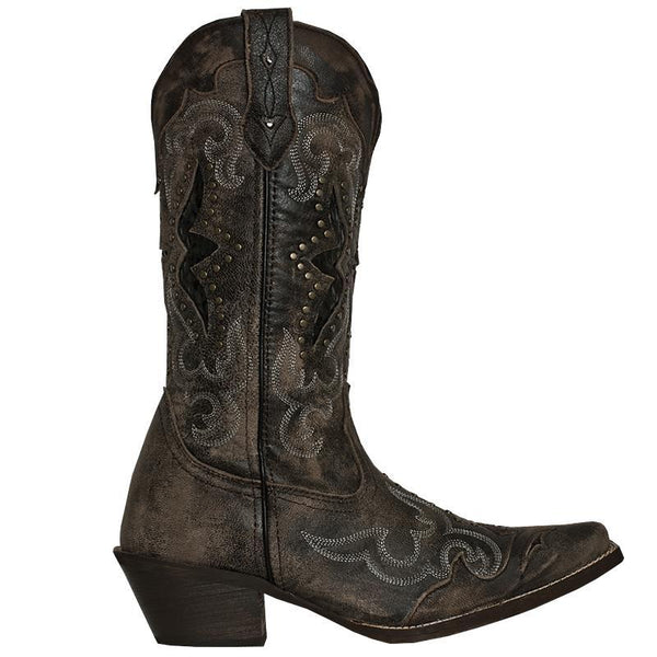 alternate side of very dark brown cowgirl boot with pink inside, white embroidery on shaft and vamp, alligator skin inlays