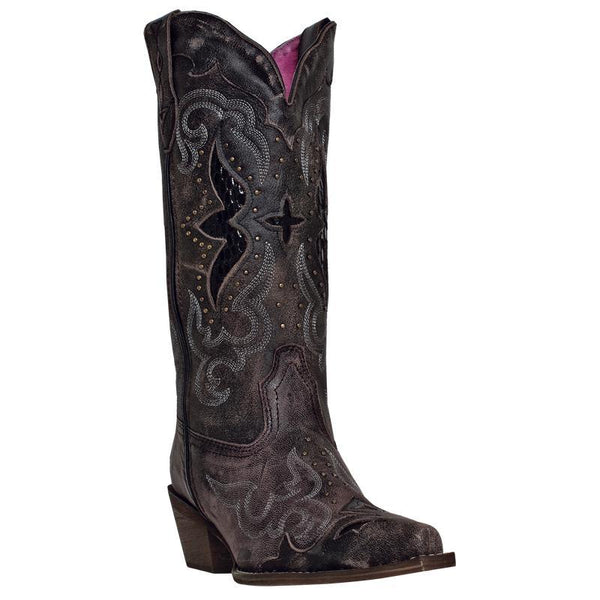 very dark brown cowgirl boot with pink inside, white embroidery on shaft and vamp, alligator skin inlays