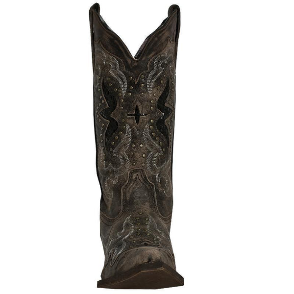 front of very dark brown cowgirl boot with pink inside, white embroidery on shaft and vamp, alligator skin inlays