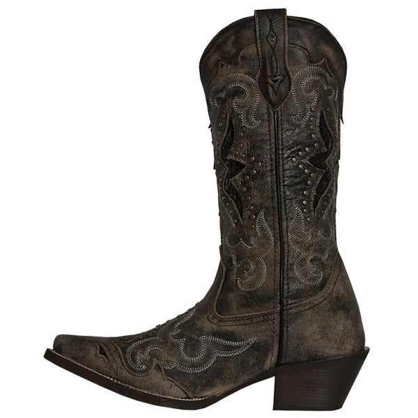 side of very dark brown cowgirl boot with pink inside, white embroidery on shaft and vamp, alligator skin inlays