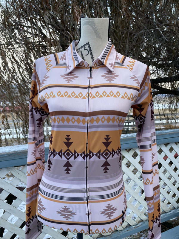 cream and brown patterned long sleeve button up shirt on mannequin