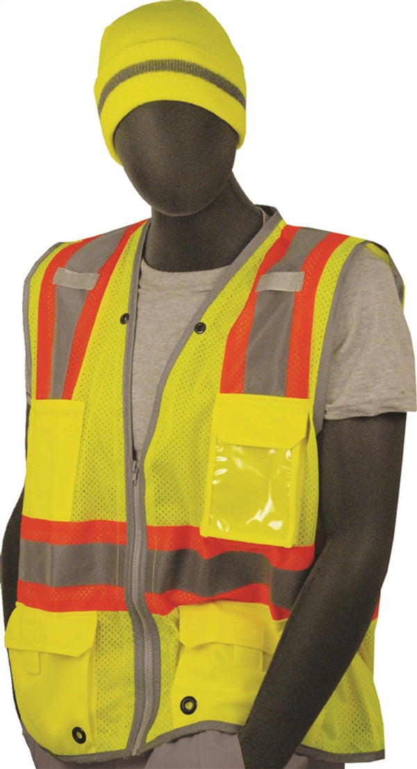 mannequin wearing yellow, orange, and silver safety vest, yellow hi-vis beanie, and grey shirt