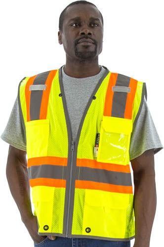 man wearing yellow, orange, and silver safety vest and grey shirt