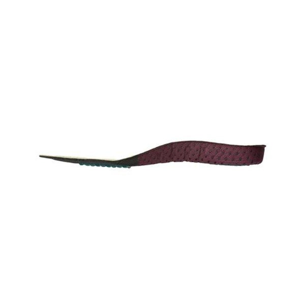 side of brown shoe insert with purple and black bottom