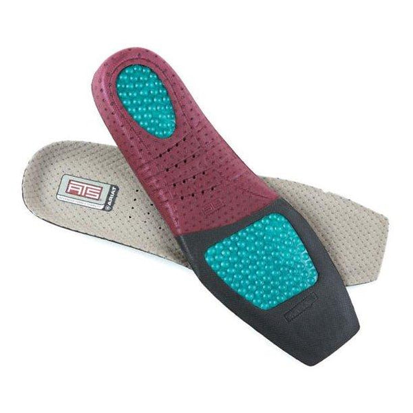 two mens brown shoe inserts with purple and black bottom