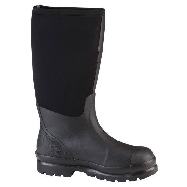 side of black and grey high top pull on boot