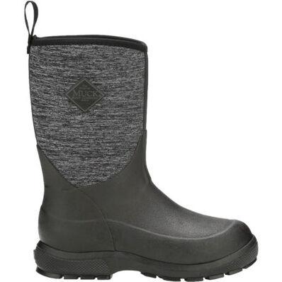 side of grey high top pull on rubber boot with heather grey shaft
