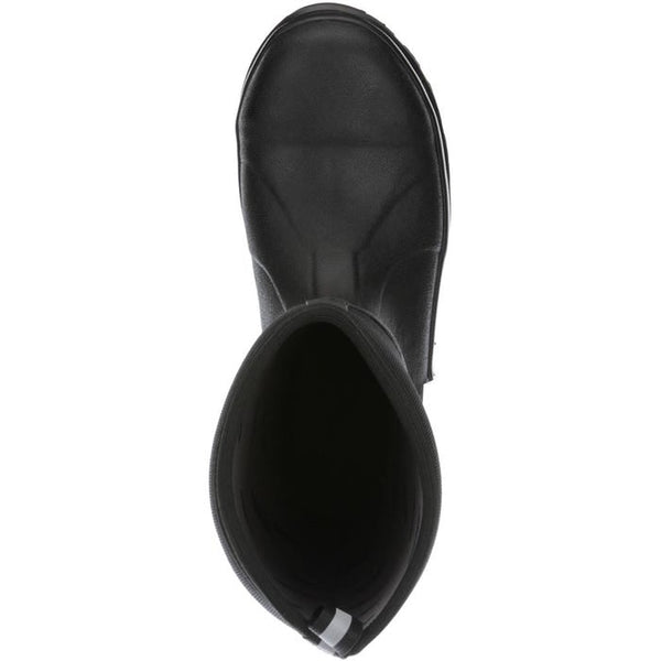 top of black and grey high top pull on rubber boot