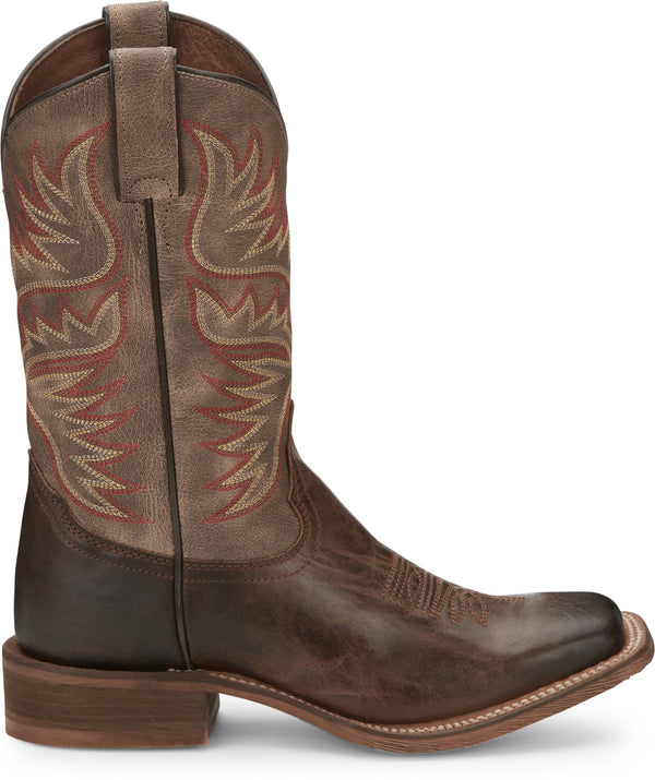 right side view of tall women's dark brown western boot with orange and tan embroidery.