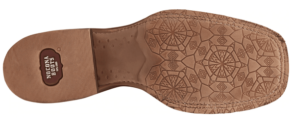 bottom view tan sole of women's square toe western boot with "nocona boots" logo on bottom
