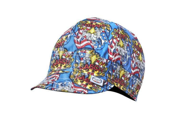 welding hat with eagle and American flag pattern and blue background