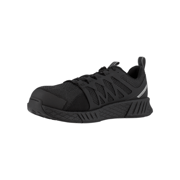 angled side view of black athletic style work shoe with black sole and black laces