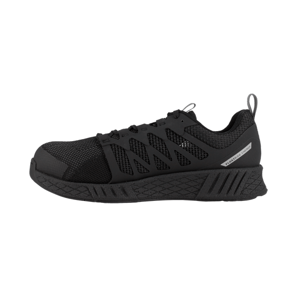 side view of black athletic style work shoe with black sole and black laces