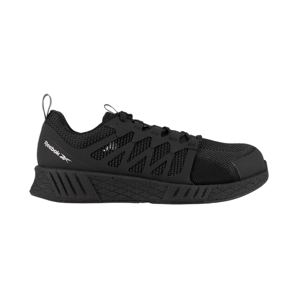 alternate side view of black athletic style work shoe with black sole and black laces with Reebok logo