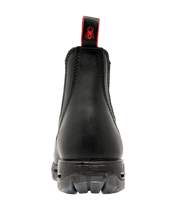 back of mid-rise black pull on boot with red pull strings