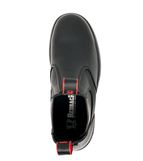 top of mid-rise black pull on boot with red pull strings
