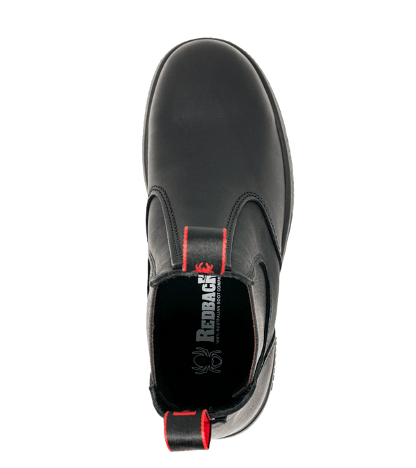 top of mid-rise black pull on boot with red pull strings
