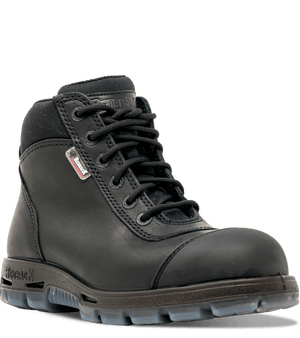 black work boot with black string and black eyelets