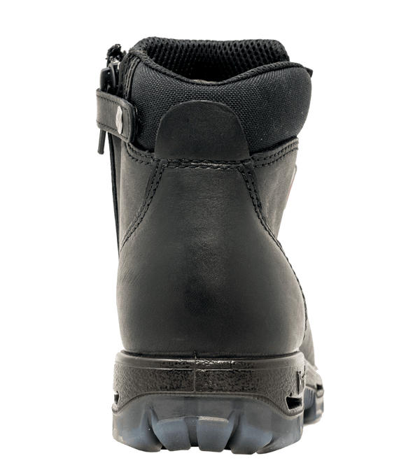 back of black work boot with black string and black eyelets