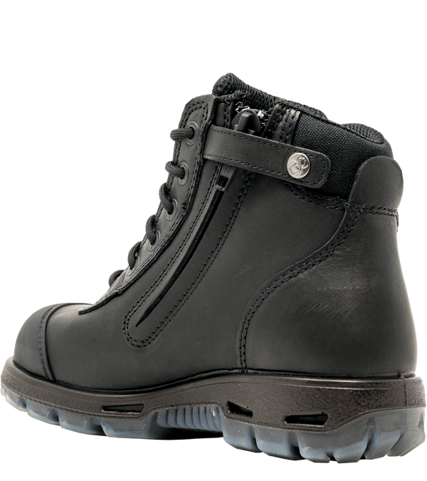 angled view of black work boot with black string and black eyelets