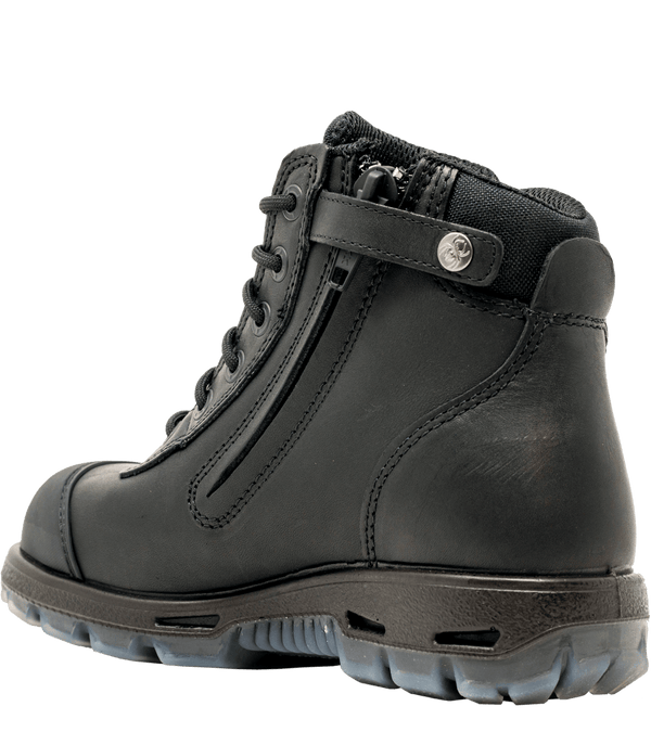 angled view of black work boot with black string and black eyelets