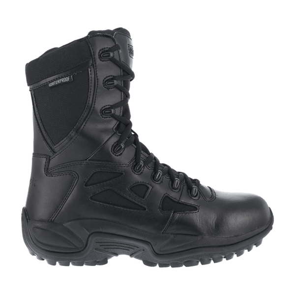 side of high top black boot with black laces and eyelets