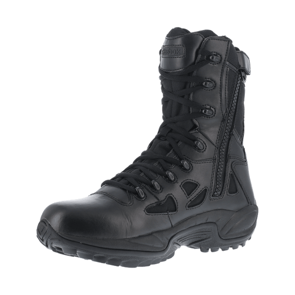 angled view of high top black boot with black laces and eyelets