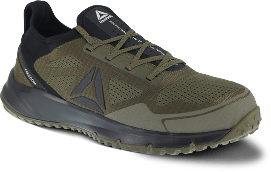 green tennis shoe style work shoe with black tongue and black logo on side