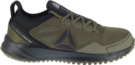 side of green tennis shoe style work shoe with black tongue and black logo on side