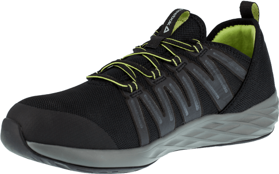 angled view of black tennis shoe style work shoe with black and green laces. green logo on heel