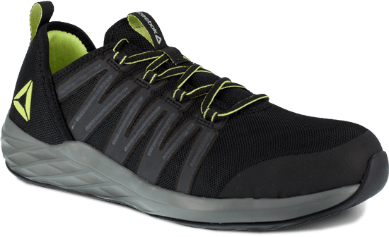 black tennis shoe style work shoe with black and green laces. green logo on heel