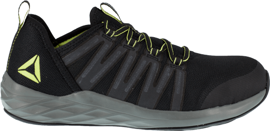 side of black tennis shoe style work shoe with black and green laces. green logo on heel