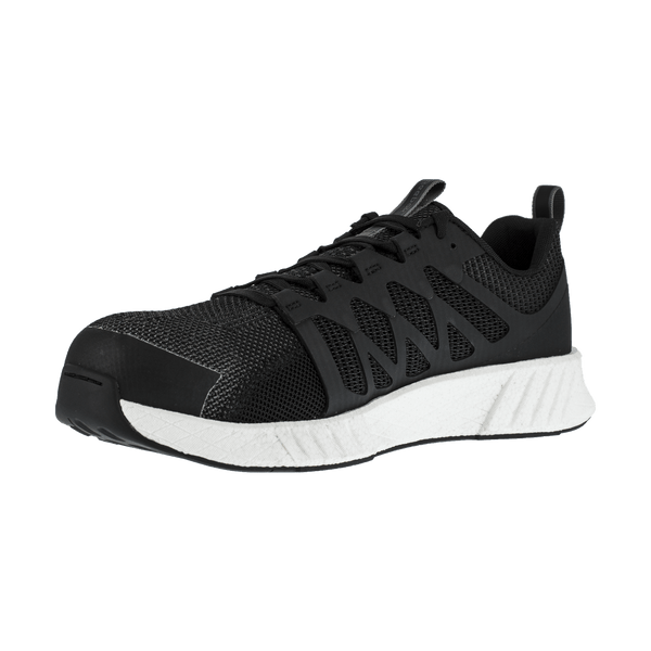 angled view of black tennis shoe style work shoe with white sole
