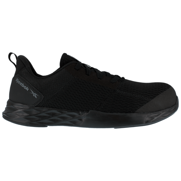side of black shoe with black laces and black sole