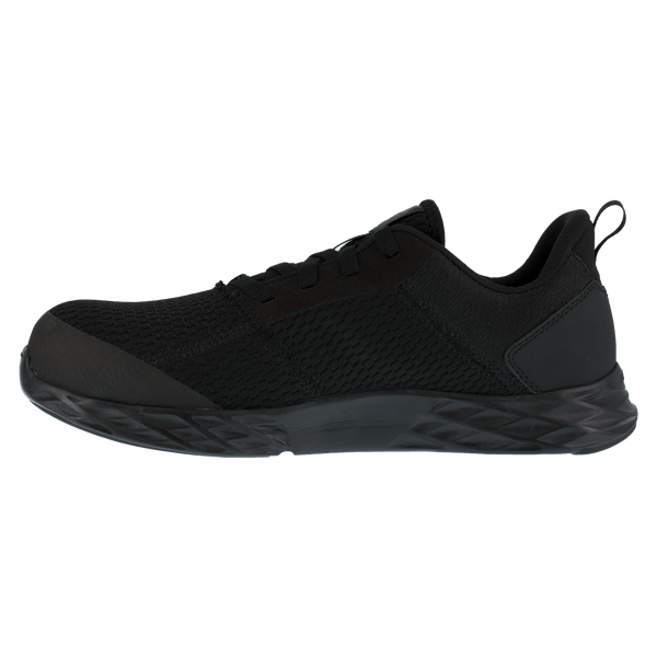 side of black shoe with black laces and black sole