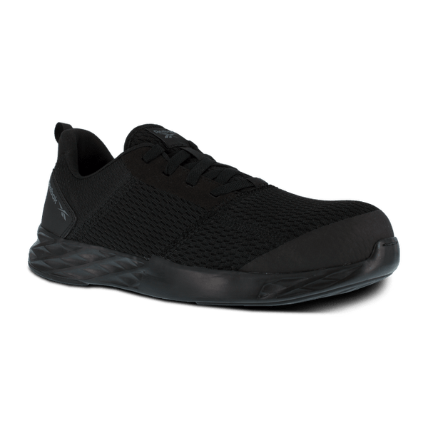 black shoe with black laces and black sole