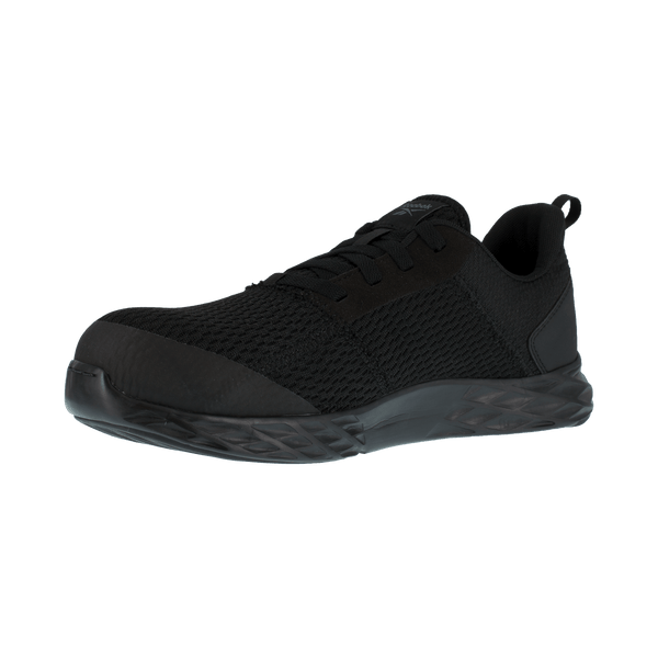 angled view of black shoe with black laces and black sole