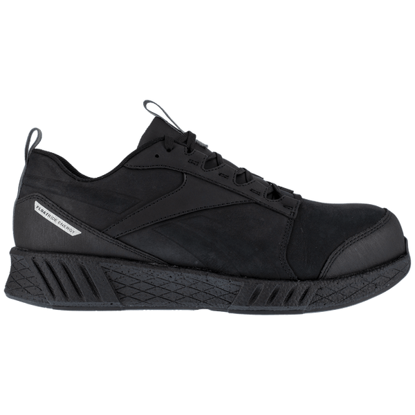 side of black shoe with black laces, black sole, and black toe guard