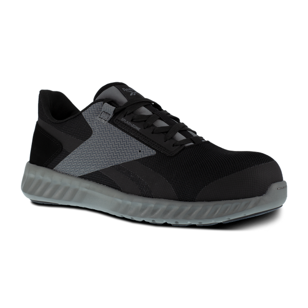 black shoe with grey accent, black laces, grey sole