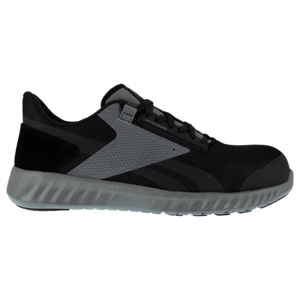 side of black shoe with grey accent, black laces, grey sole