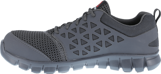 side of black shoe with vents over toes, triangle pattern on side, and black laces and sole