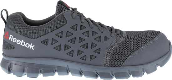 side of black shoe with vents over toes, triangle pattern on side, and black laces and sole