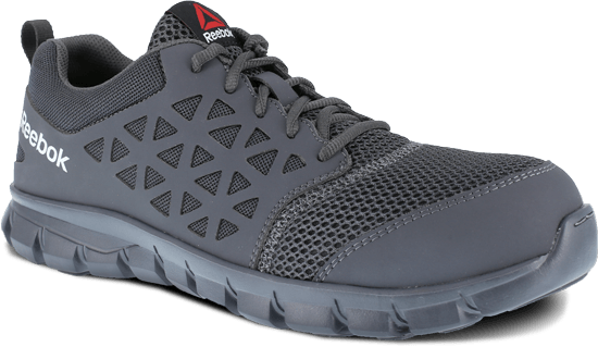 black shoe with vents over toes, triangle pattern on side, and black laces and sole