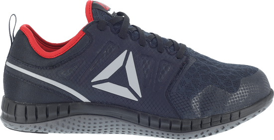 side of dark blue shoe with with logo on side, vent holes over toes, and black sole. red lining